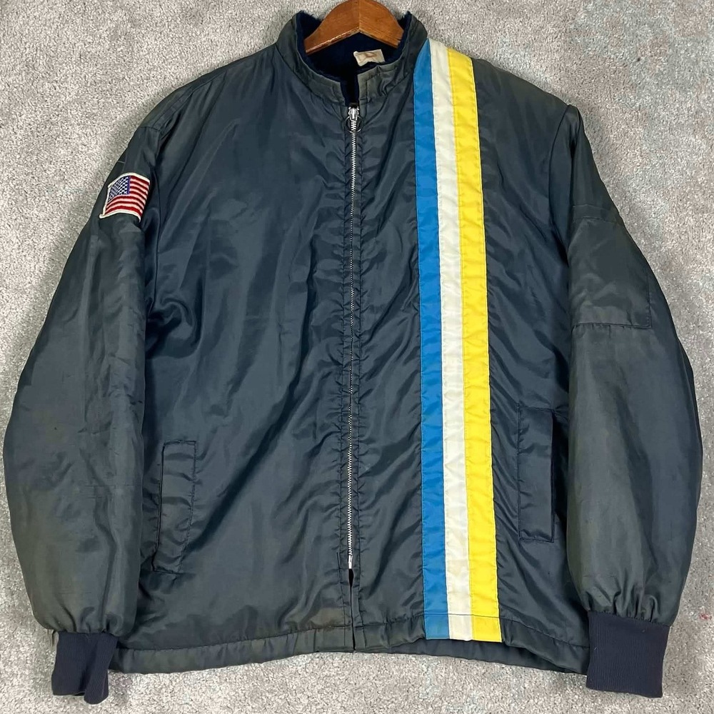 Vintage 70s Bomber Jacket Mens Large Navy Blue Racing Stripe USA Flag Patch